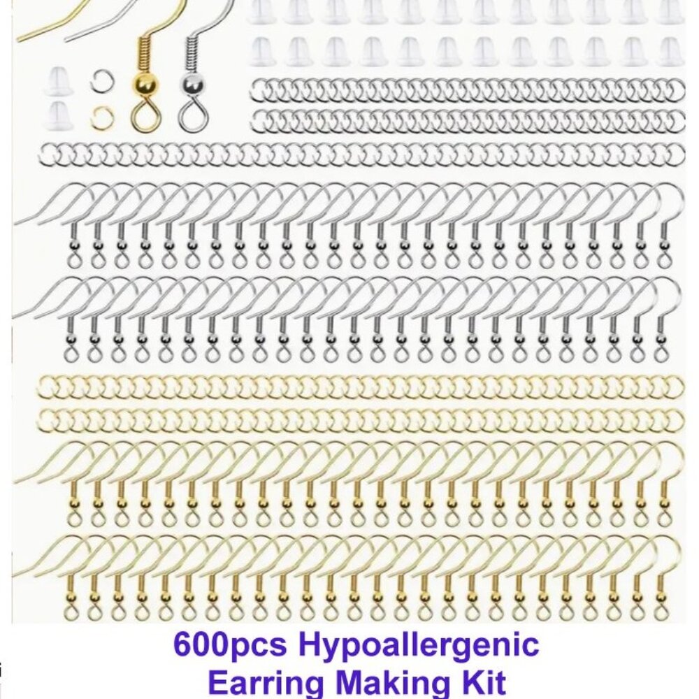 Earring Kit with Hypoallergenic Earring Hooks, Jump Rings & Clear Rubber Backs